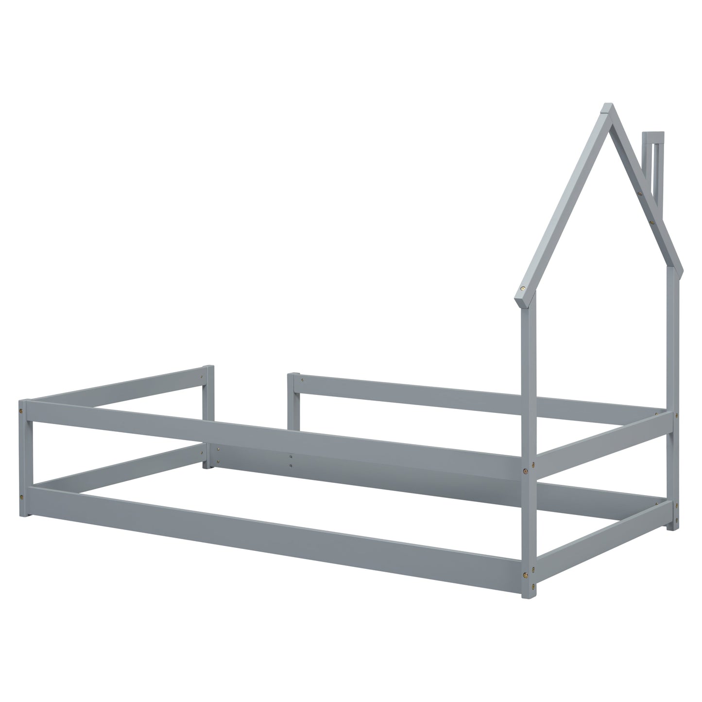 Lit simple taille jumeau en bois gris avec tête de lit en forme de maison