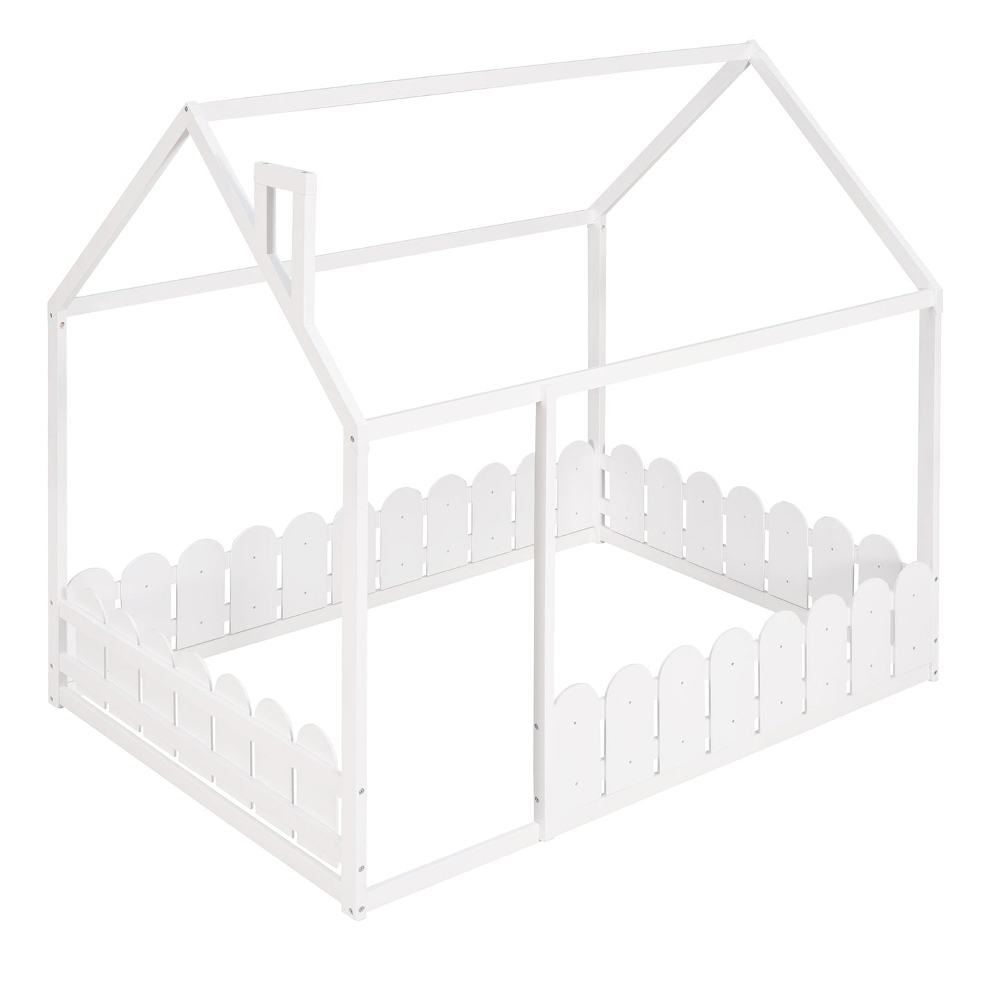 (Slats are not included) Full Size Wood Bed House Bed Frame with Fence for Kids Teens Girls Boys (White ) - Korvel