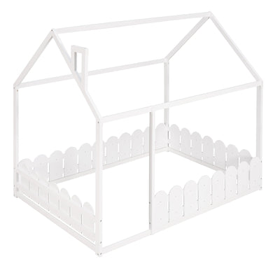 (Slats are not included) Full Size Wood Bed House Bed Frame with Fence for Kids Teens Girls Boys (White ) - Korvel