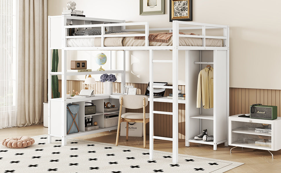 Metal loft bed with wardrobe and L-shaped desk, full-size loft bed with storage cabinet and shelf, white - Korvel