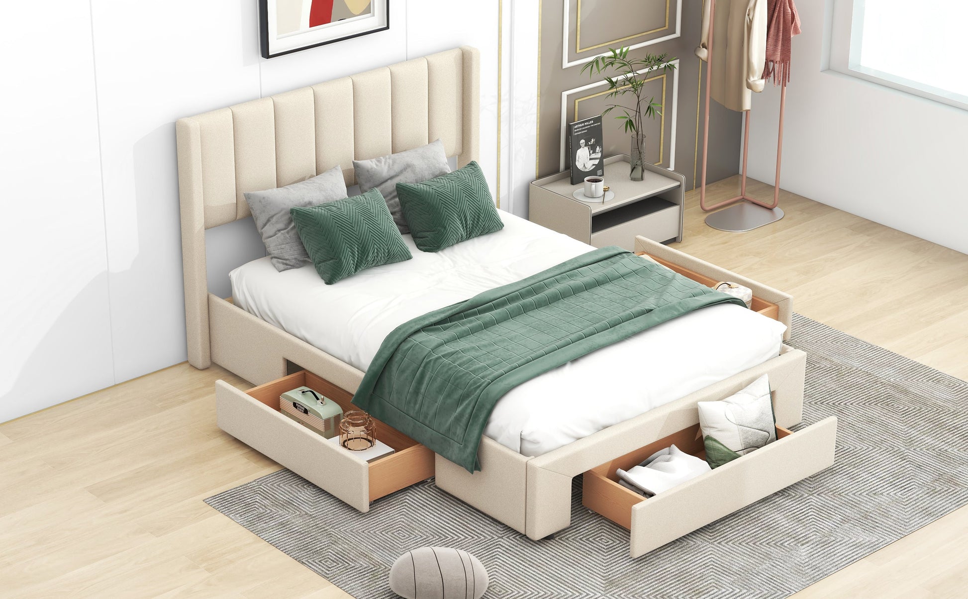 Full Size Upholstered Platform Bed with One Large Drawer in the Footboard and Drawer on Each Side Beige - Korvel