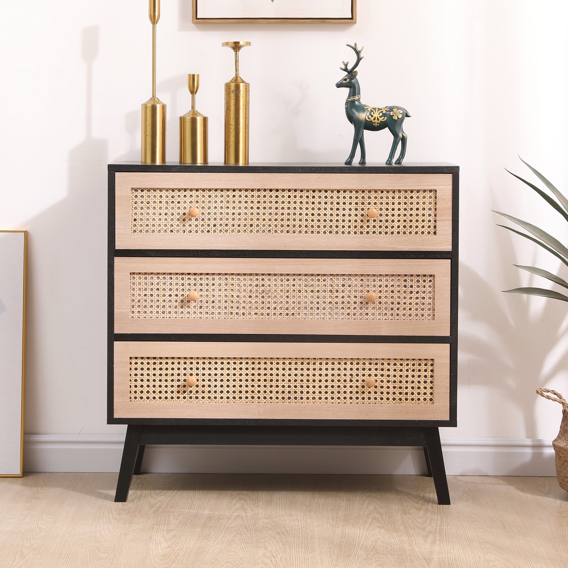 31.5 "3-Drawers Rattan Storage Cabinet Rattan Drawer,for Bedroom,Living Room,Natural drawer and black panel - Korvel