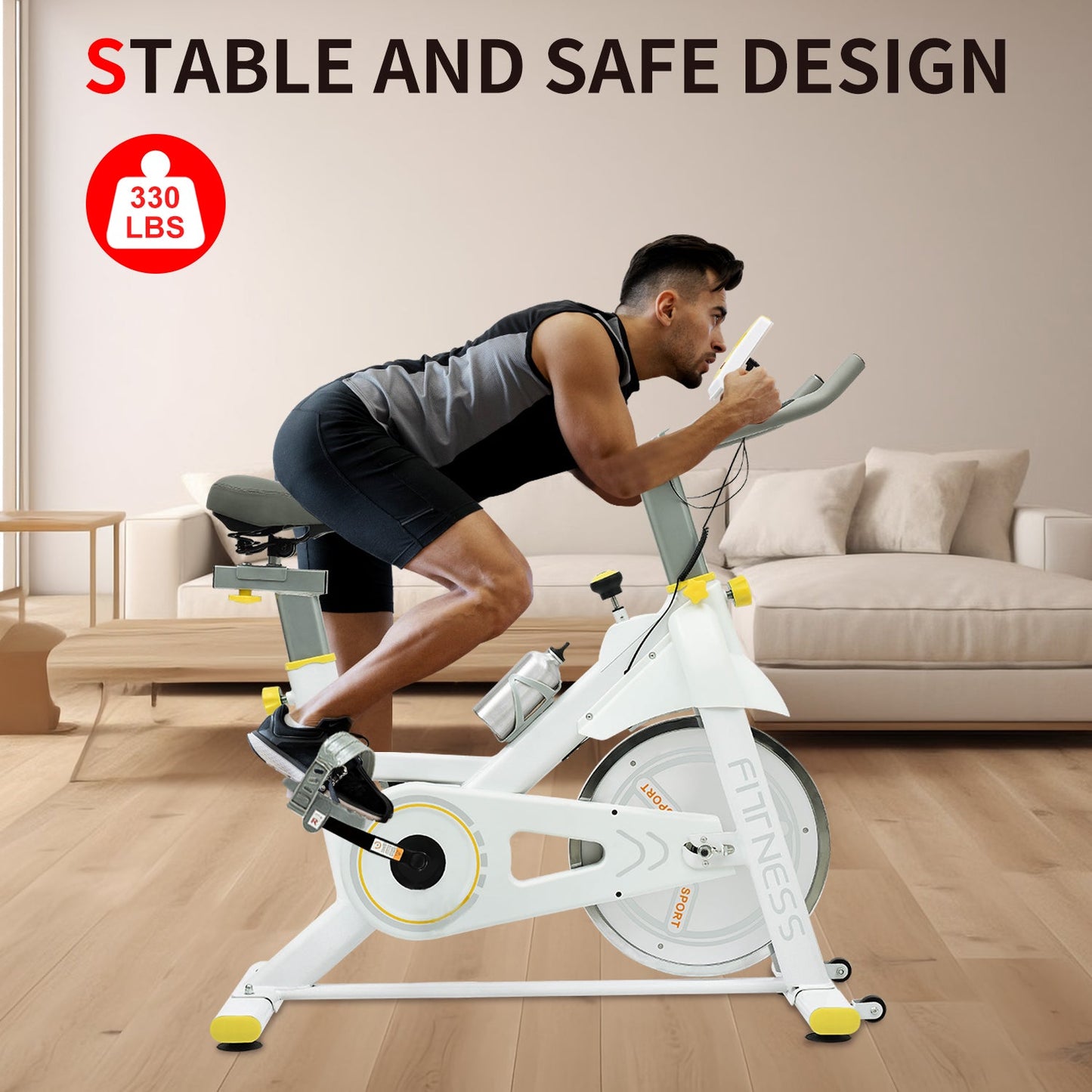 Vélo d'exercice intérieur premium avec coussin confortable - Jaune et blanc