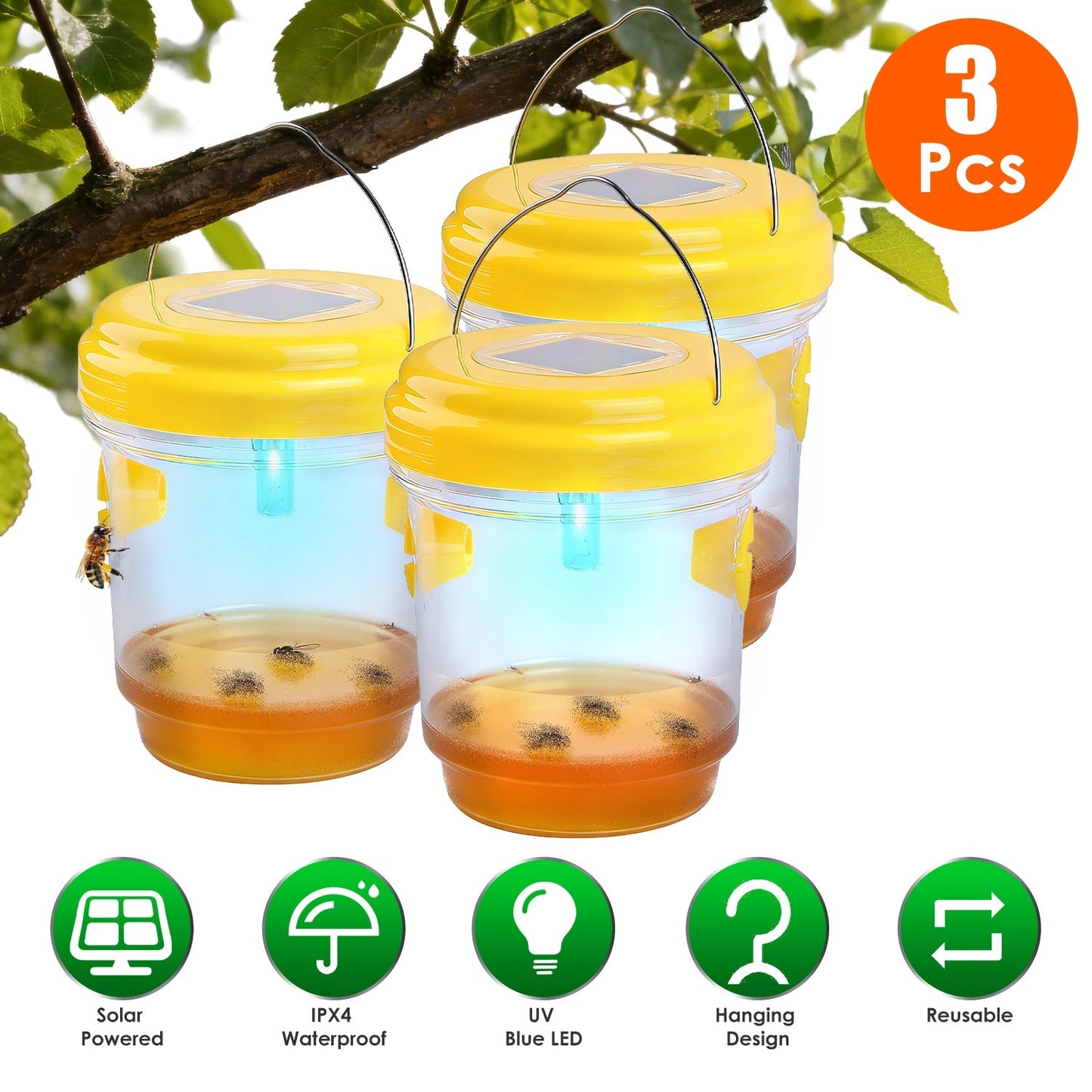 Trampas para Avispas Solares en Paquete de 3 con Luz UV para Control Efectivo de Insectos