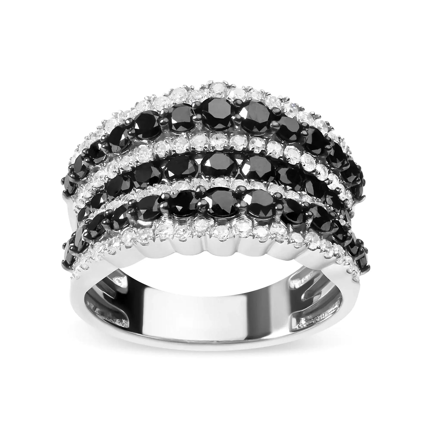 Bague multi rangs en argent sterling 925 avec diamants noirs et blancs