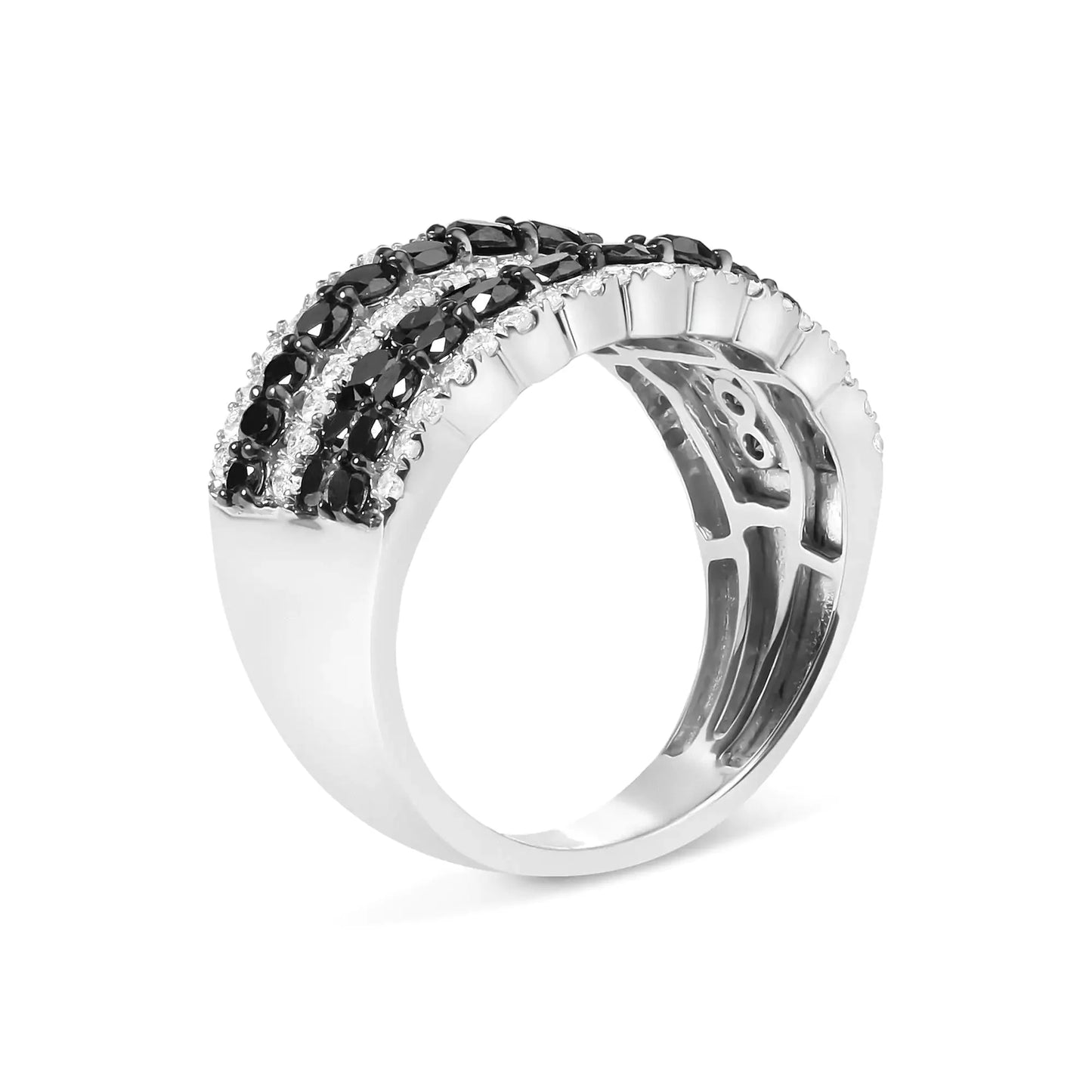 Bague multi rangs en argent sterling 925 avec diamants noirs et blancs
