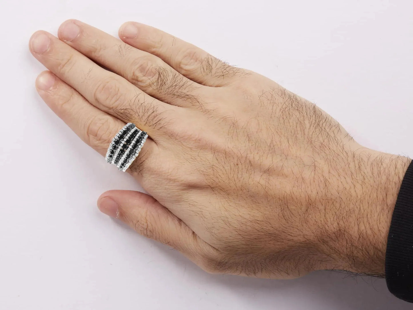 Bague multi rangs en argent sterling 925 avec diamants noirs et blancs
