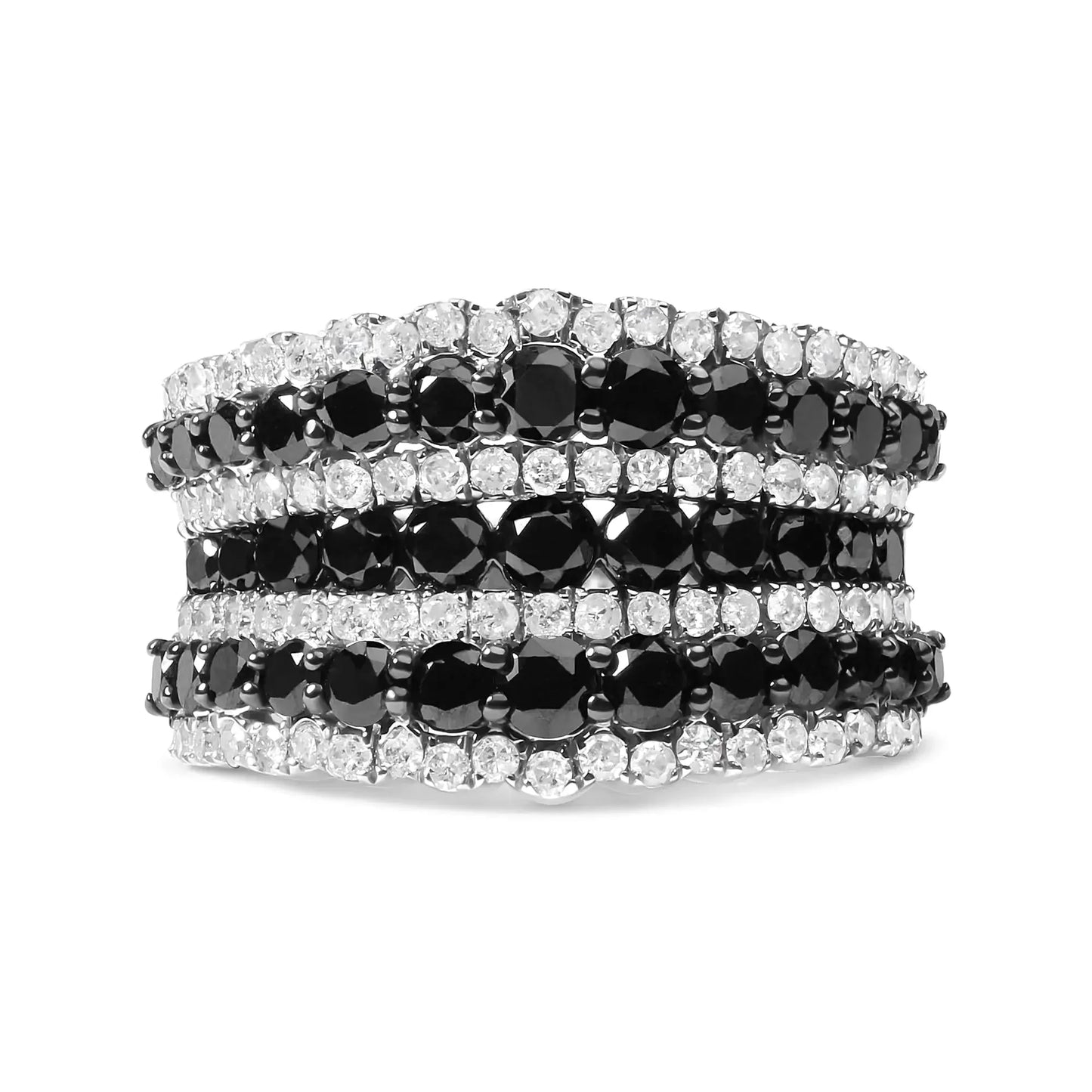 Bague multi rangs en argent sterling 925 avec diamants noirs et blancs