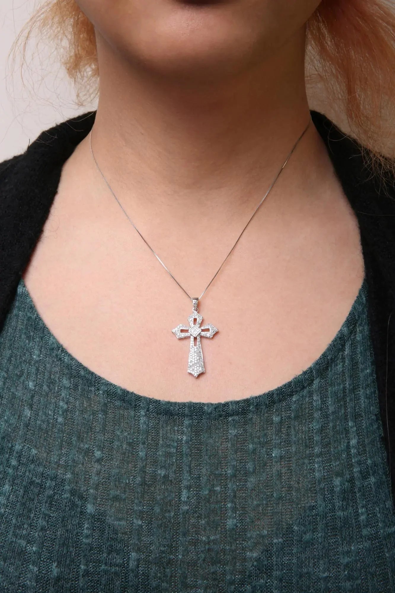 .925 Sterling Silver Diamond Fleur De Lis Cross Pendant Necklace