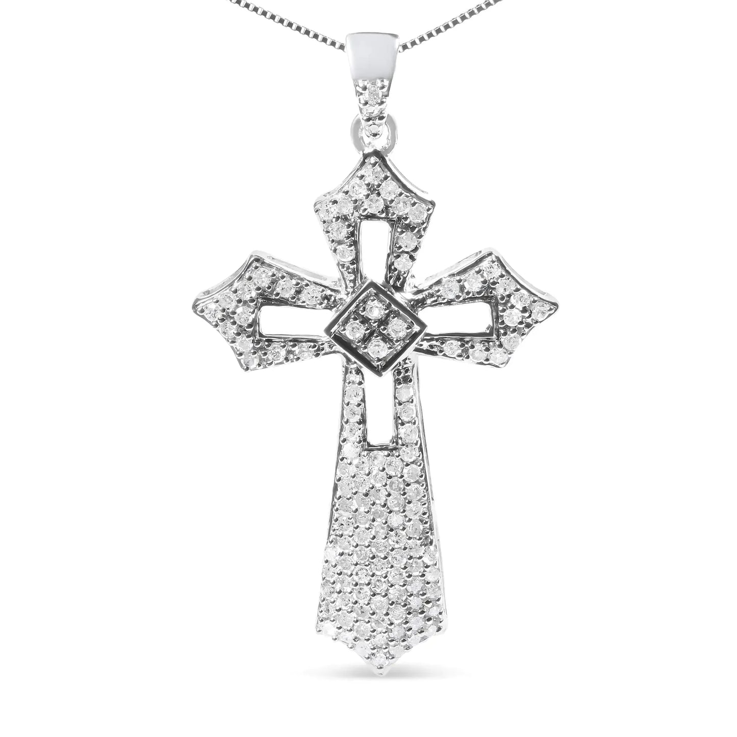 .925 Sterling Silver Diamond Fleur De Lis Cross Pendant Necklace