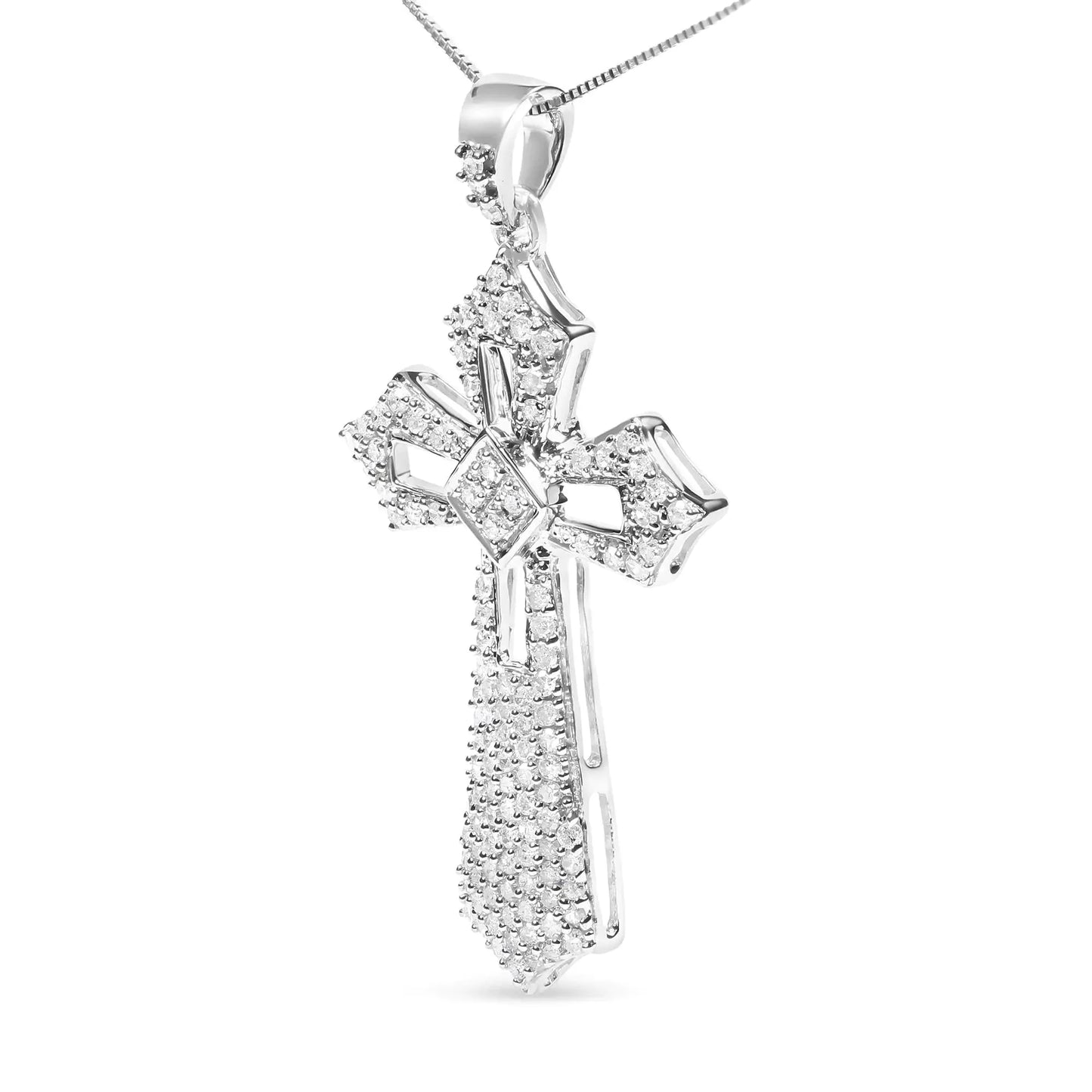 .925 Sterling Silver Diamond Fleur De Lis Cross Pendant Necklace