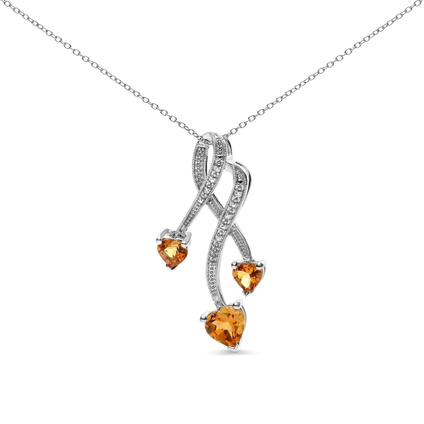 Pendentif en argent sterling 925 en forme de cœur avec citrine et diamants