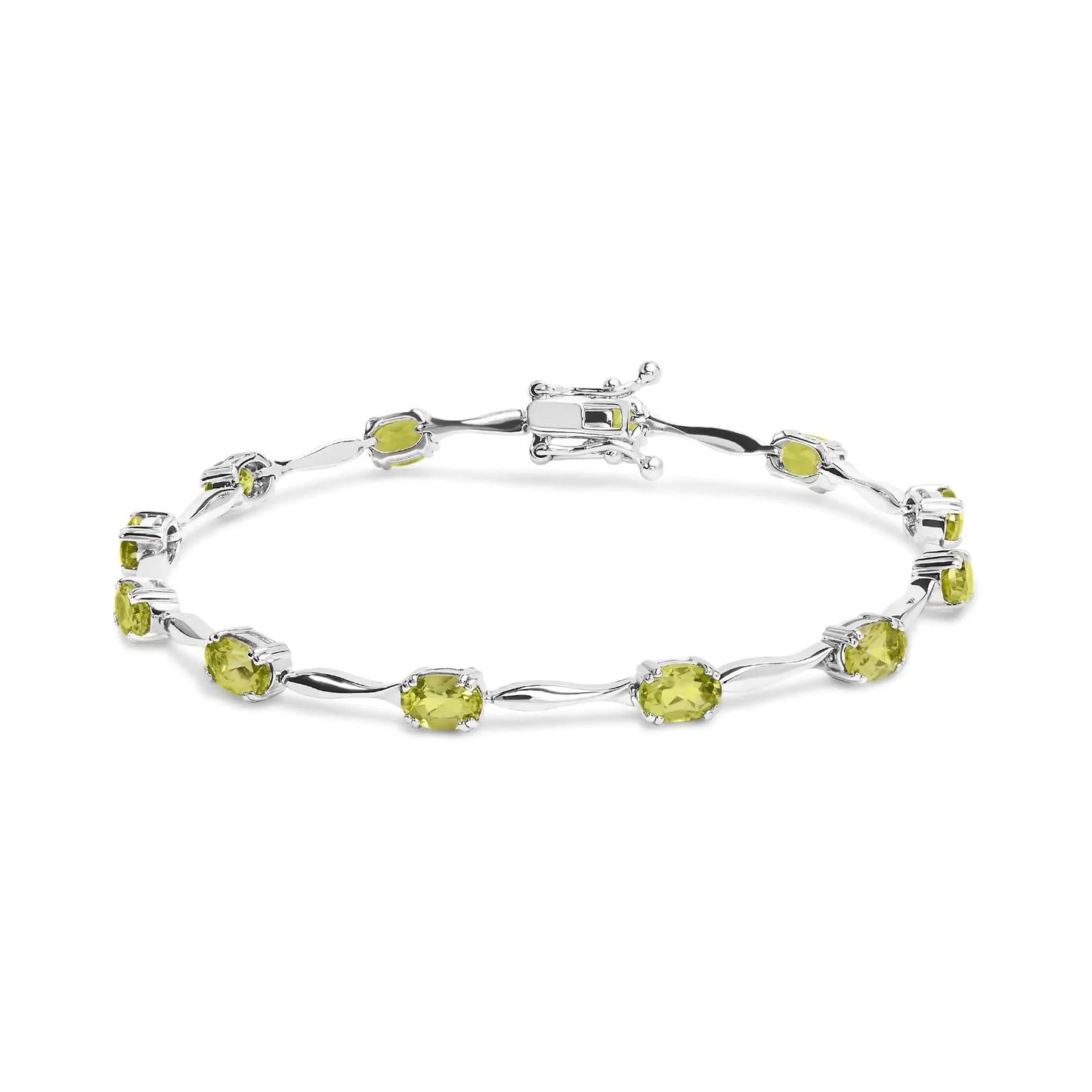 .925 Sterling Silver 5 1/2 Cttw Oval Shaped Created Green Peridot Link Bracelet - 7"