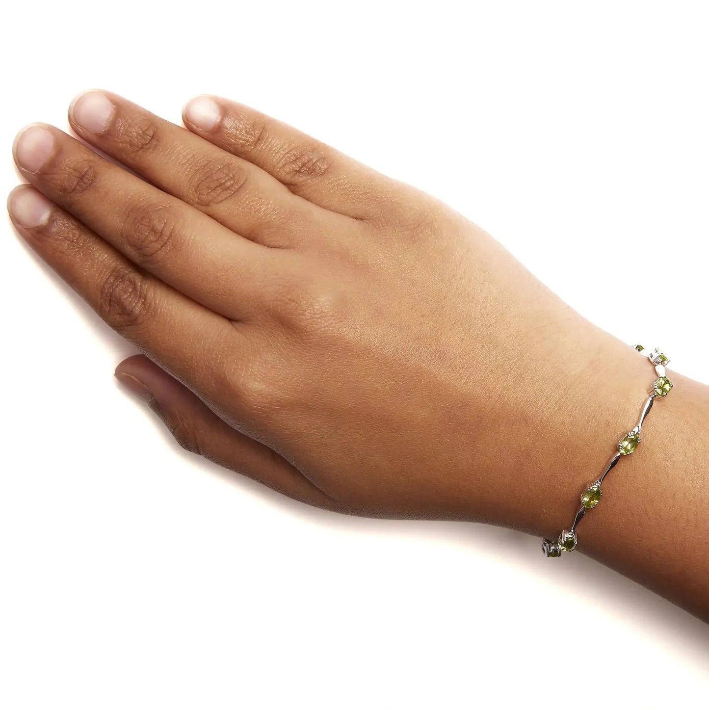 .925 Sterling Silver 5 1/2 Cttw Oval Shaped Created Green Peridot Link Bracelet - 7"