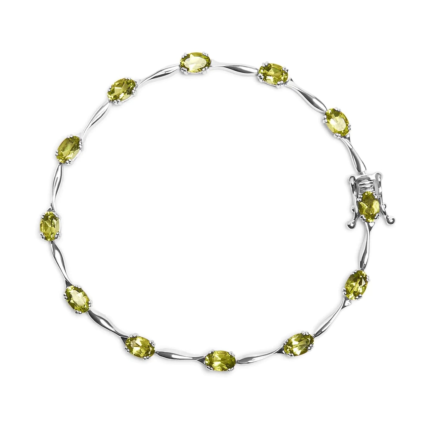 .925 Sterling Silver 5 1/2 Cttw Oval Shaped Created Green Peridot Link Bracelet - 7"