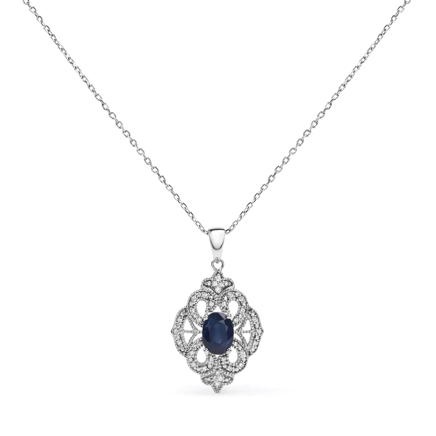 Collier Pendentif Art Déco en Argent Sterling .925 avec Saphir Bleu et Diamants