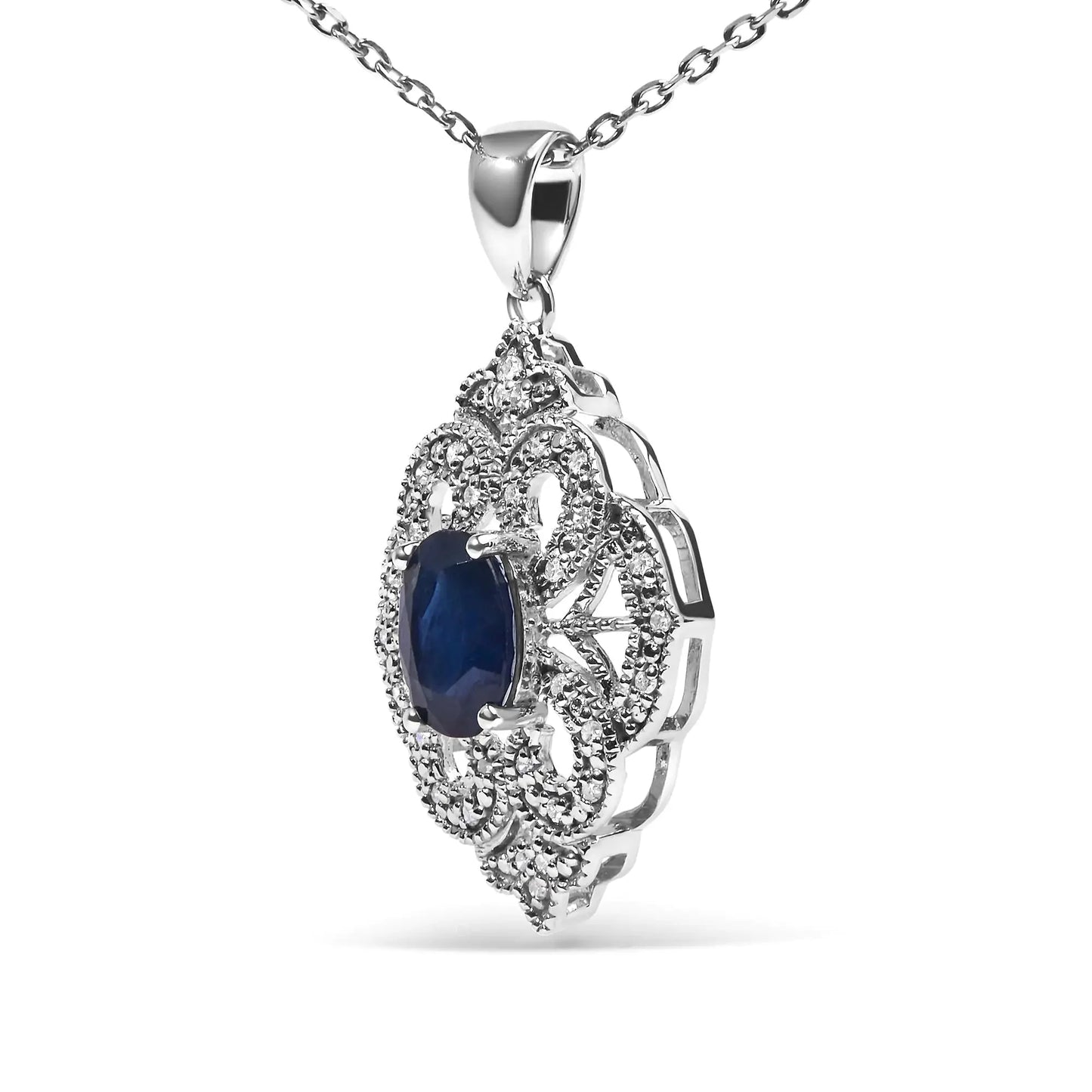 Collier Pendentif Art Déco en Argent Sterling .925 avec Saphir Bleu et Diamants