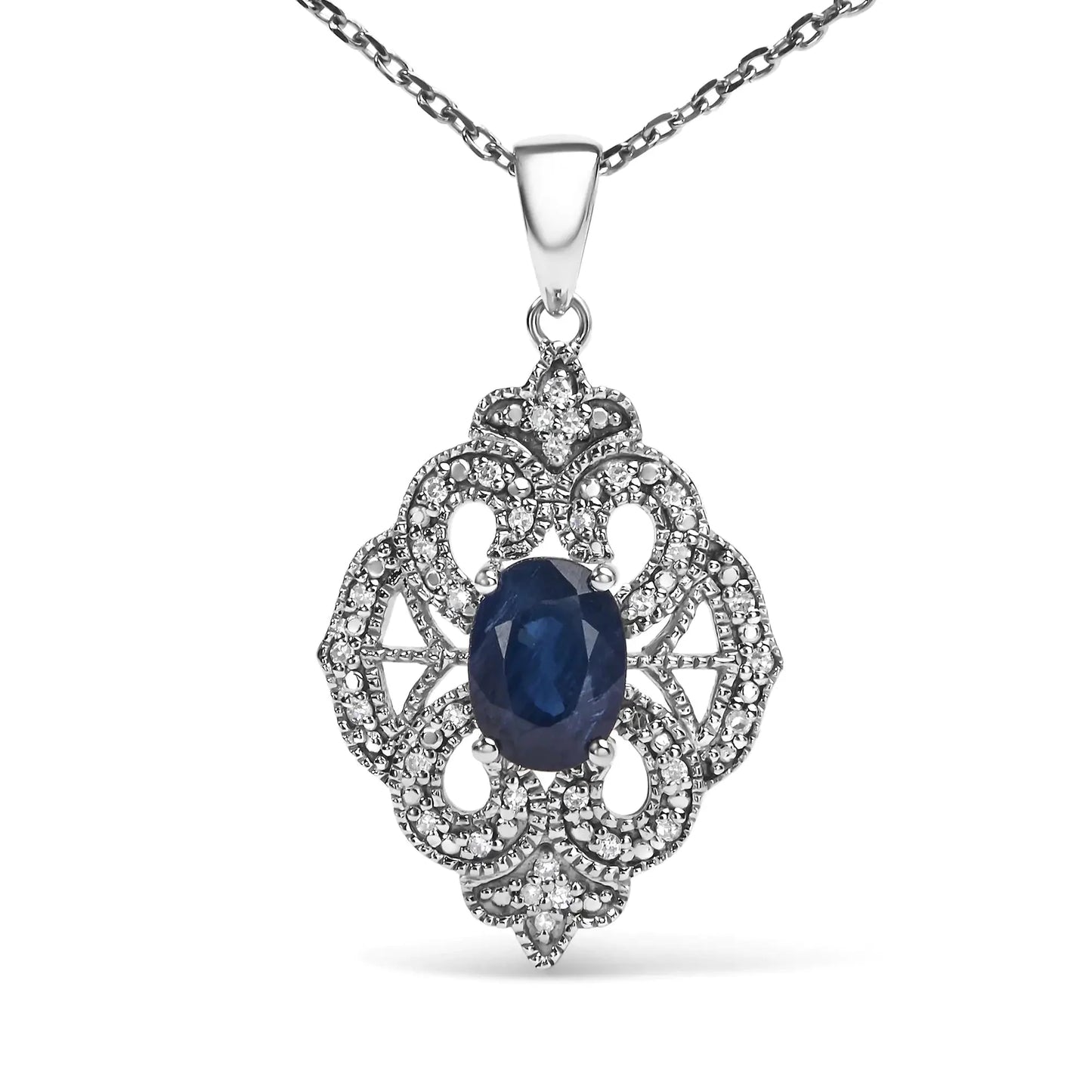 Collier Pendentif Art Déco en Argent Sterling .925 avec Saphir Bleu et Diamants