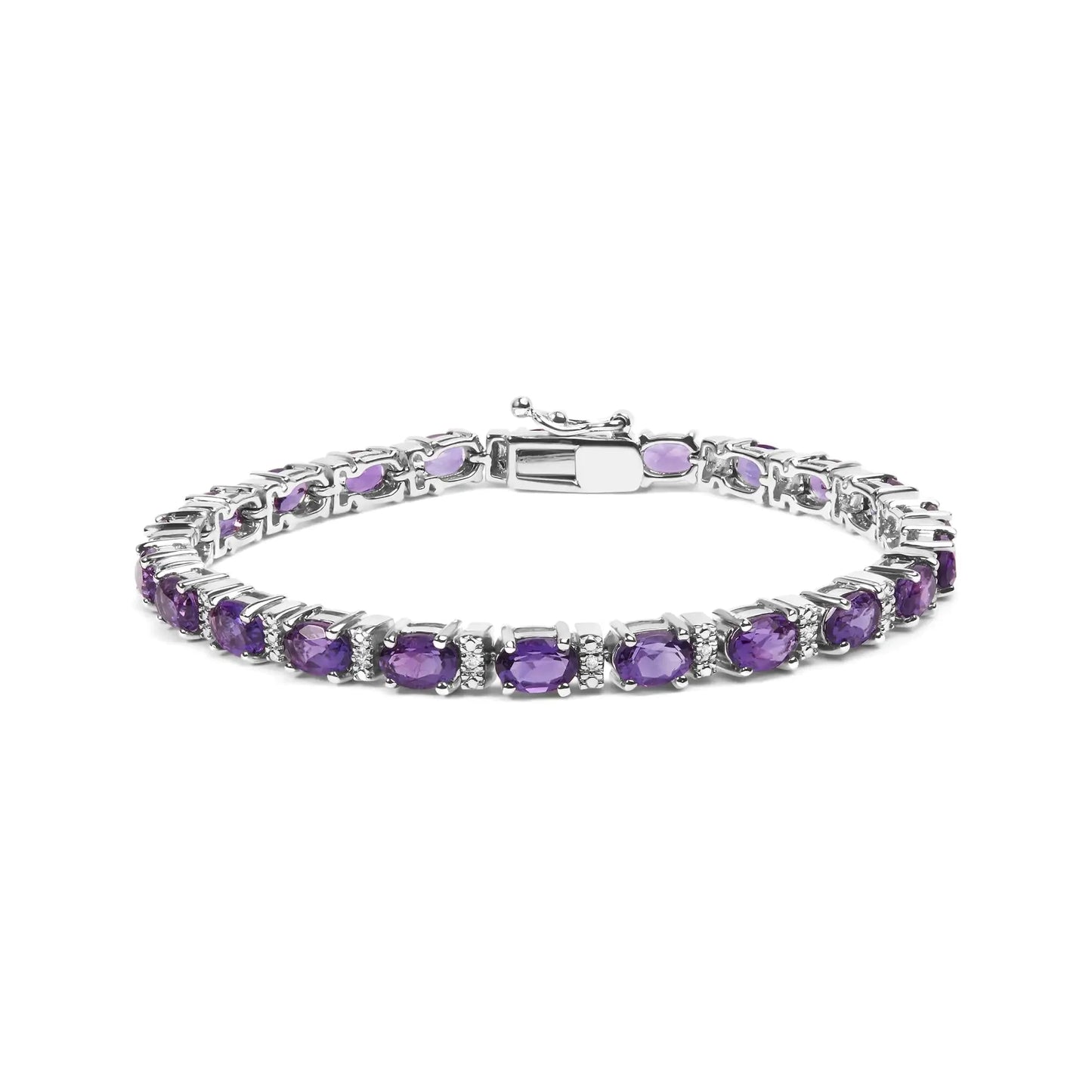Pulsera de Tenis de Acero Inoxidable de Plata .925 con Amatista y Diamantes - 7.25"