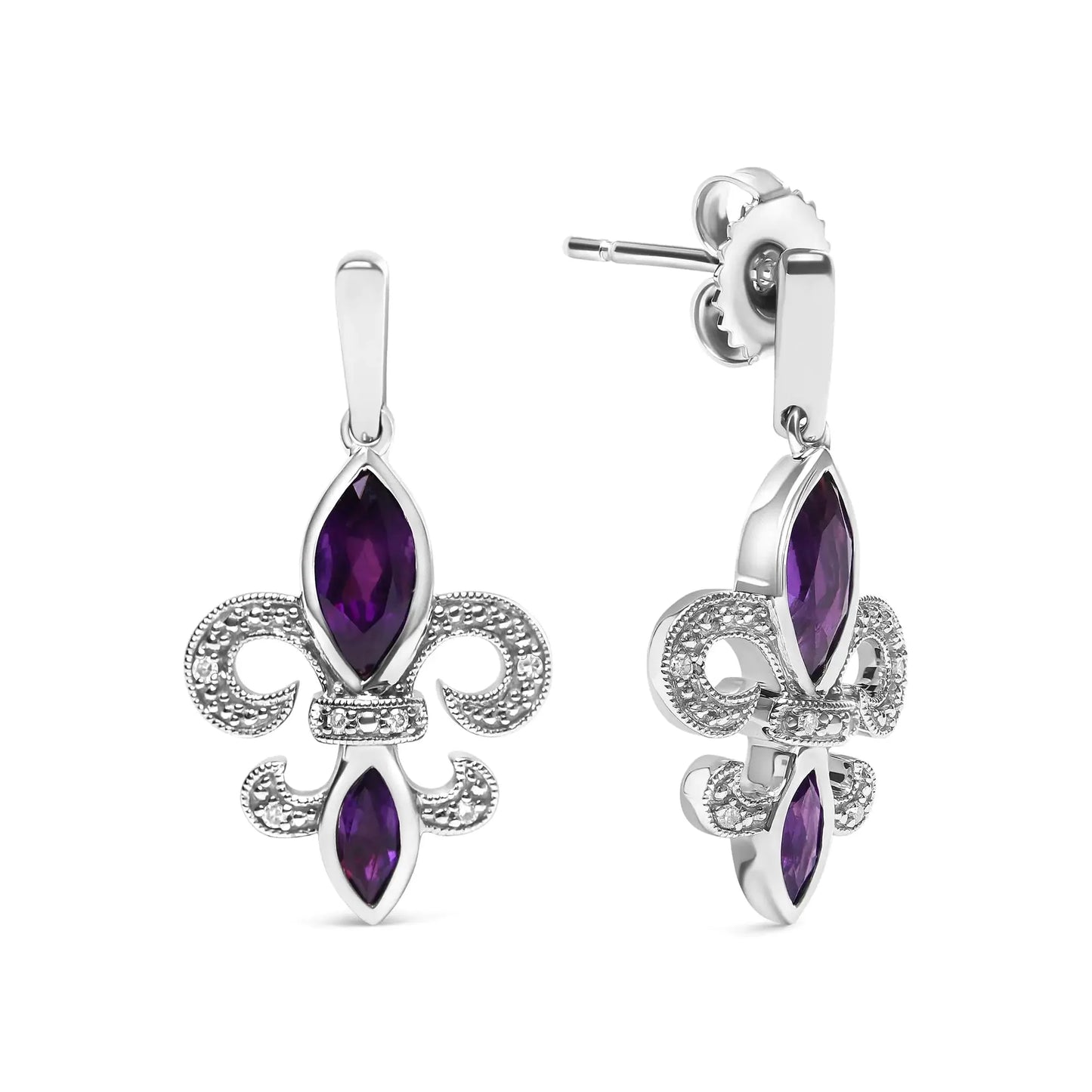 Pendientes colgantes de amatista y diamante en plata esterlina .925 con diseño de flor de lis