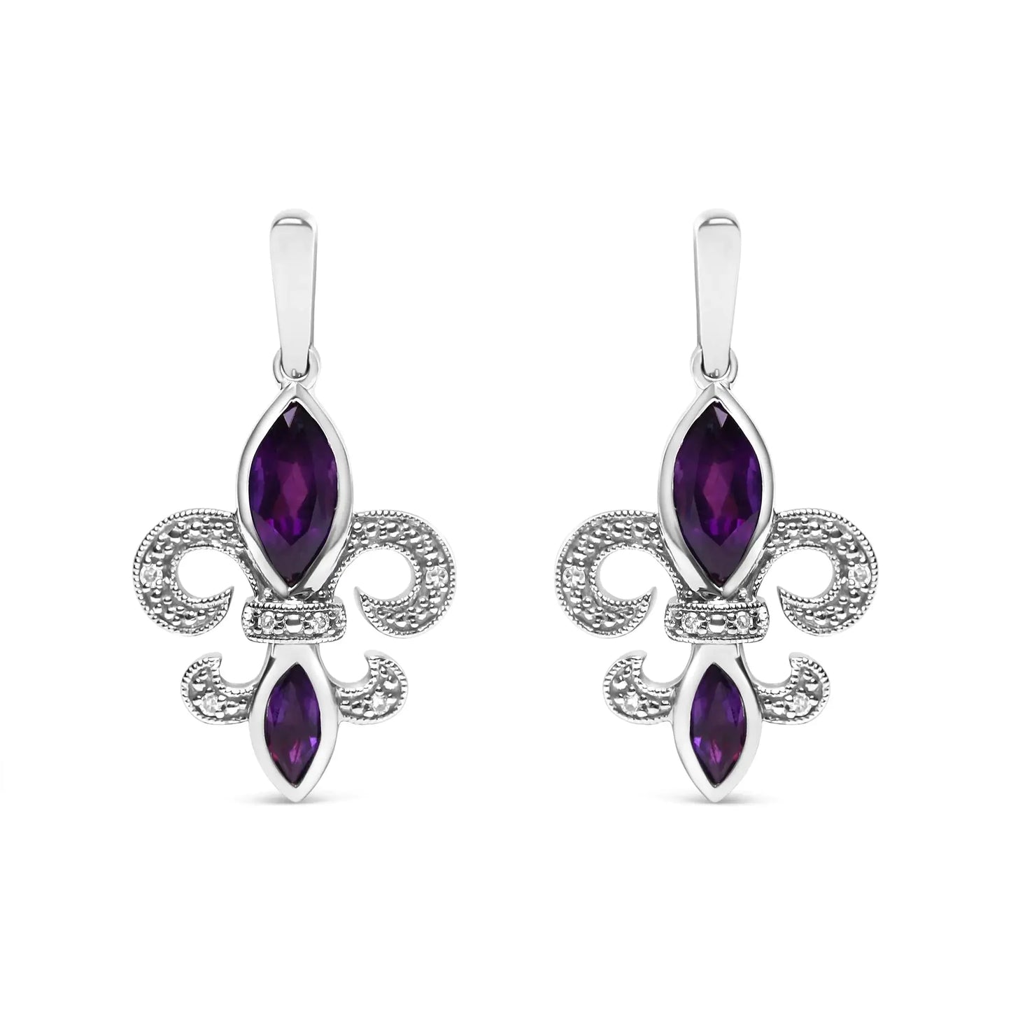 Pendientes colgantes de amatista y diamante en plata esterlina .925 con diseño de flor de lis