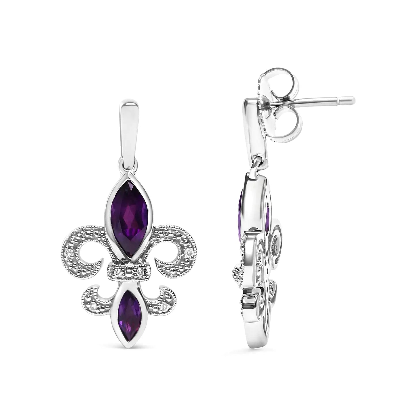 Pendientes colgantes de amatista y diamante en plata esterlina .925 con diseño de flor de lis
