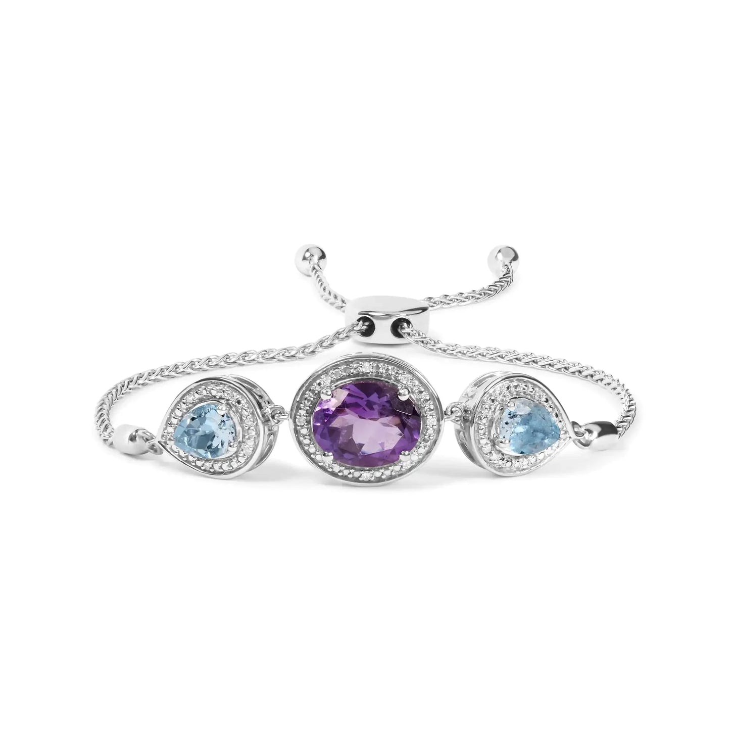 .925 Sterling Silver Amethyst & Blue Topaz Adjustable Bolo Bracelet