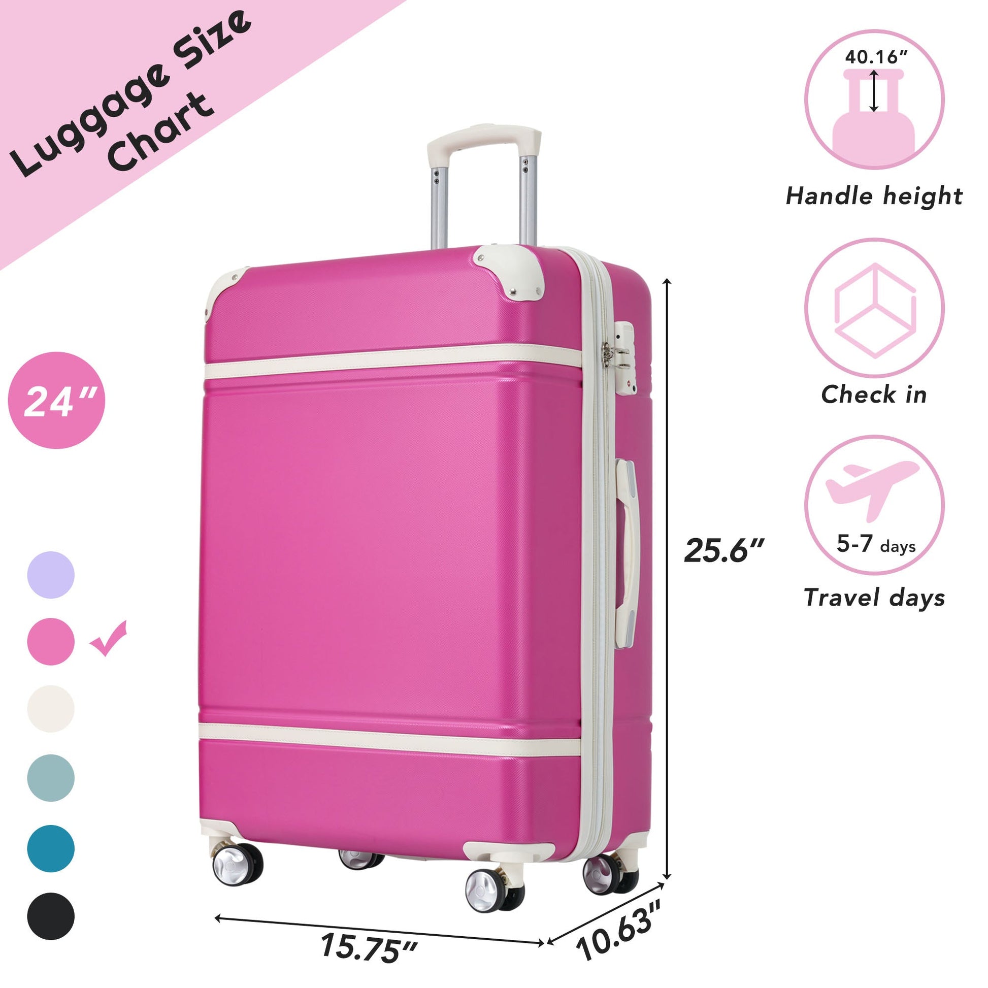 24 IN Luggage 1 Piece with TSA lock , Expandable Lightweight Suitcase Spinner Wheels, Vintage Luggage,Pink - Korvel