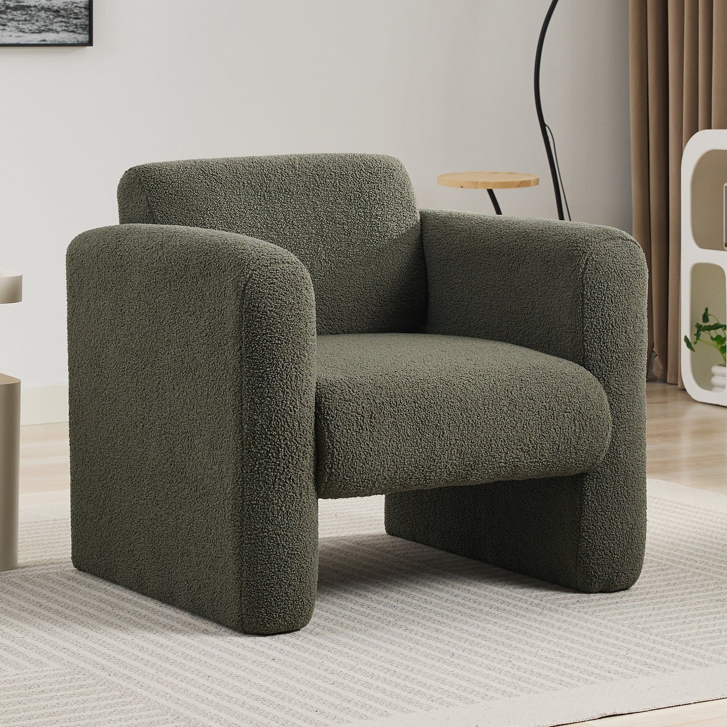 Modern style chair with sheepskin Sherpa fabric soft cushion, comfortable armchair, soft with backrest and pillow, seaweed green - Korvel