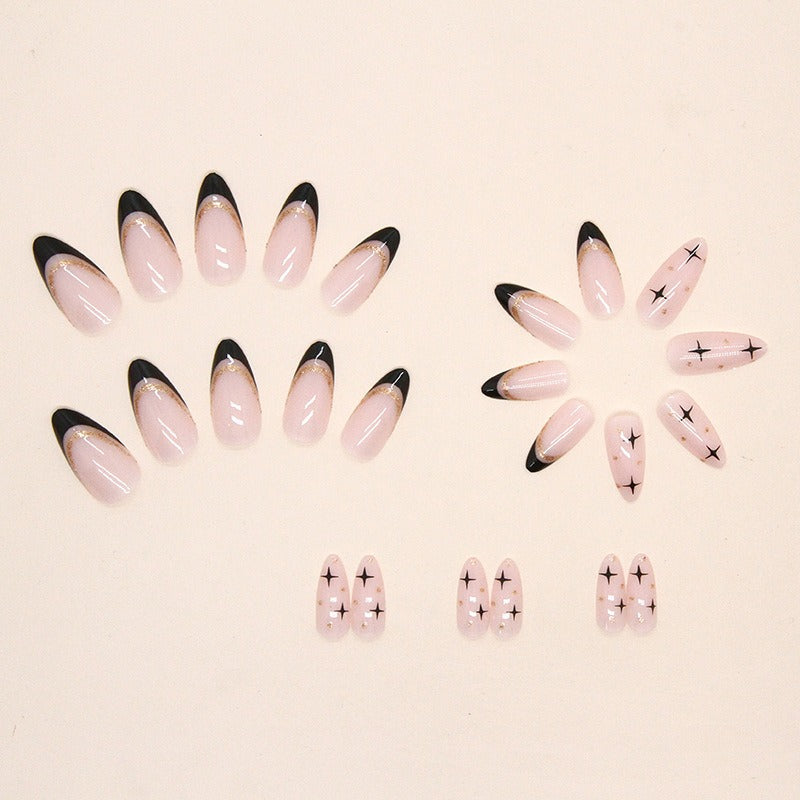 Sweet cool black French flash gold powder almond nails European and American fake nails removable nail pieces - Korvel