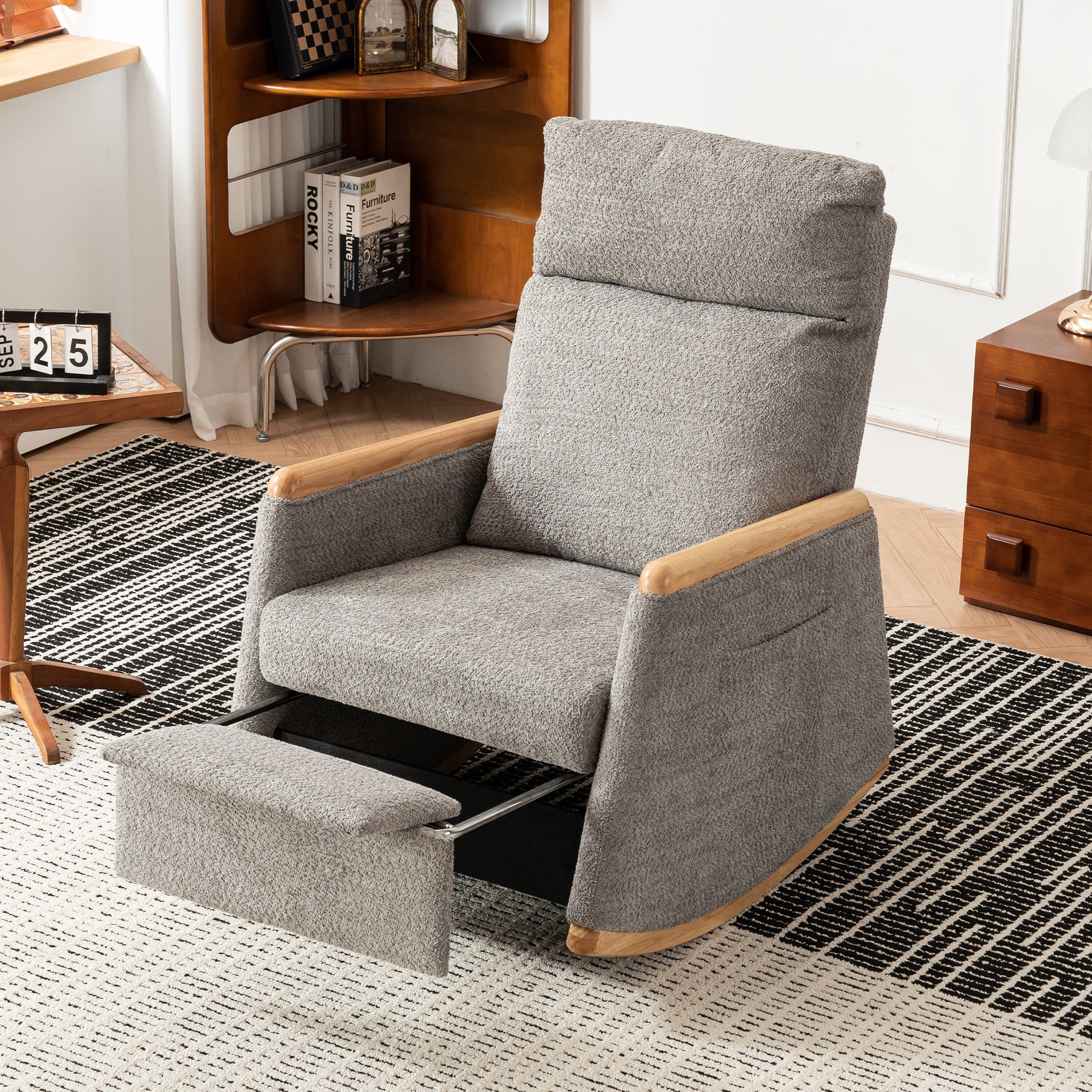Accent Rocking Chair with Footrest High Back Rubber Wood Rocking Legs Bedroom Living Space 38.6D X 26.8W X 40.6H Inch - Korvel