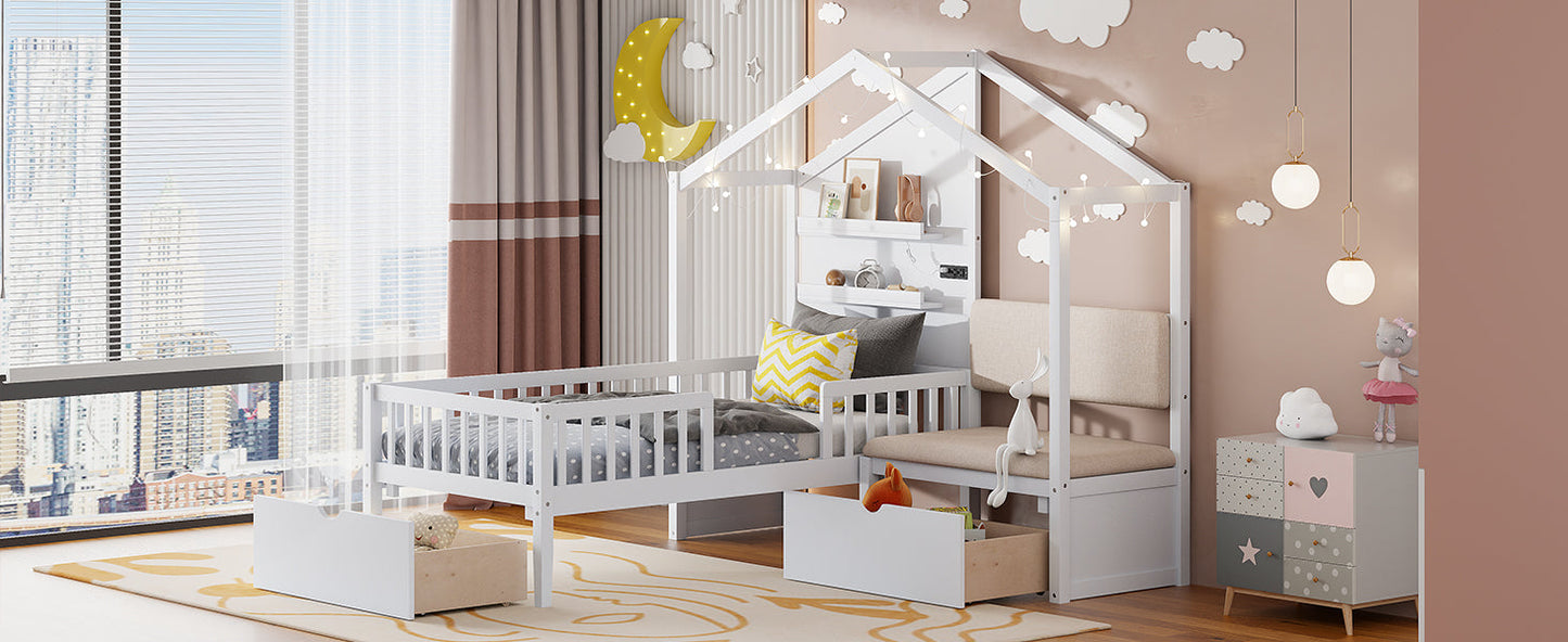 Twin Size House Bed with Upholstered Sofa and Charging Station
