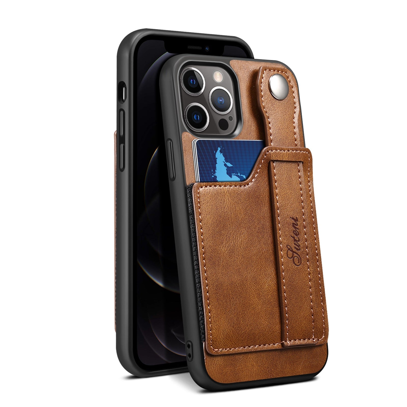 For iPhone 14ProMax Mobile Phone Case Apple iPhone 14Pro Plug-In Card Leather Case Wrist With Back Cover Type Protective Case - Korvel
