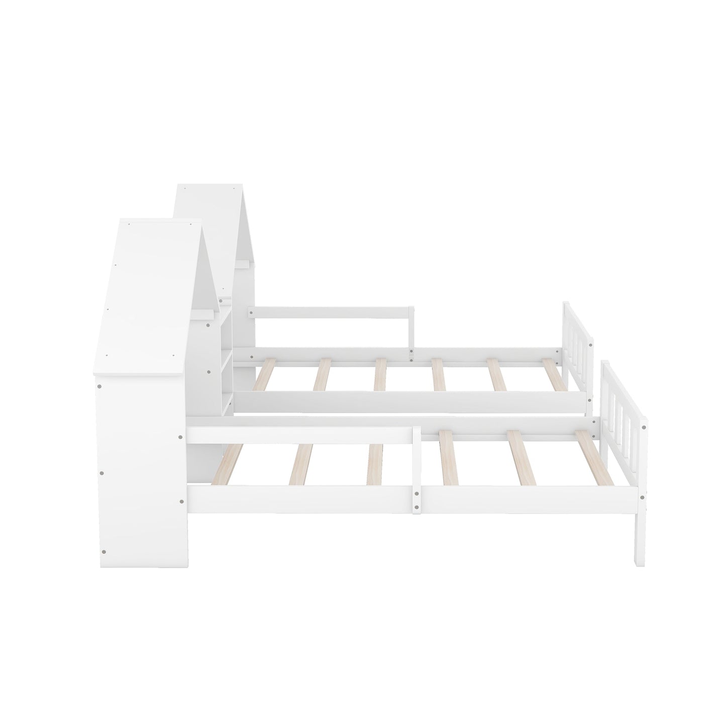 Double Twin Size Platform Bed with House Headboard and Nightstand, White