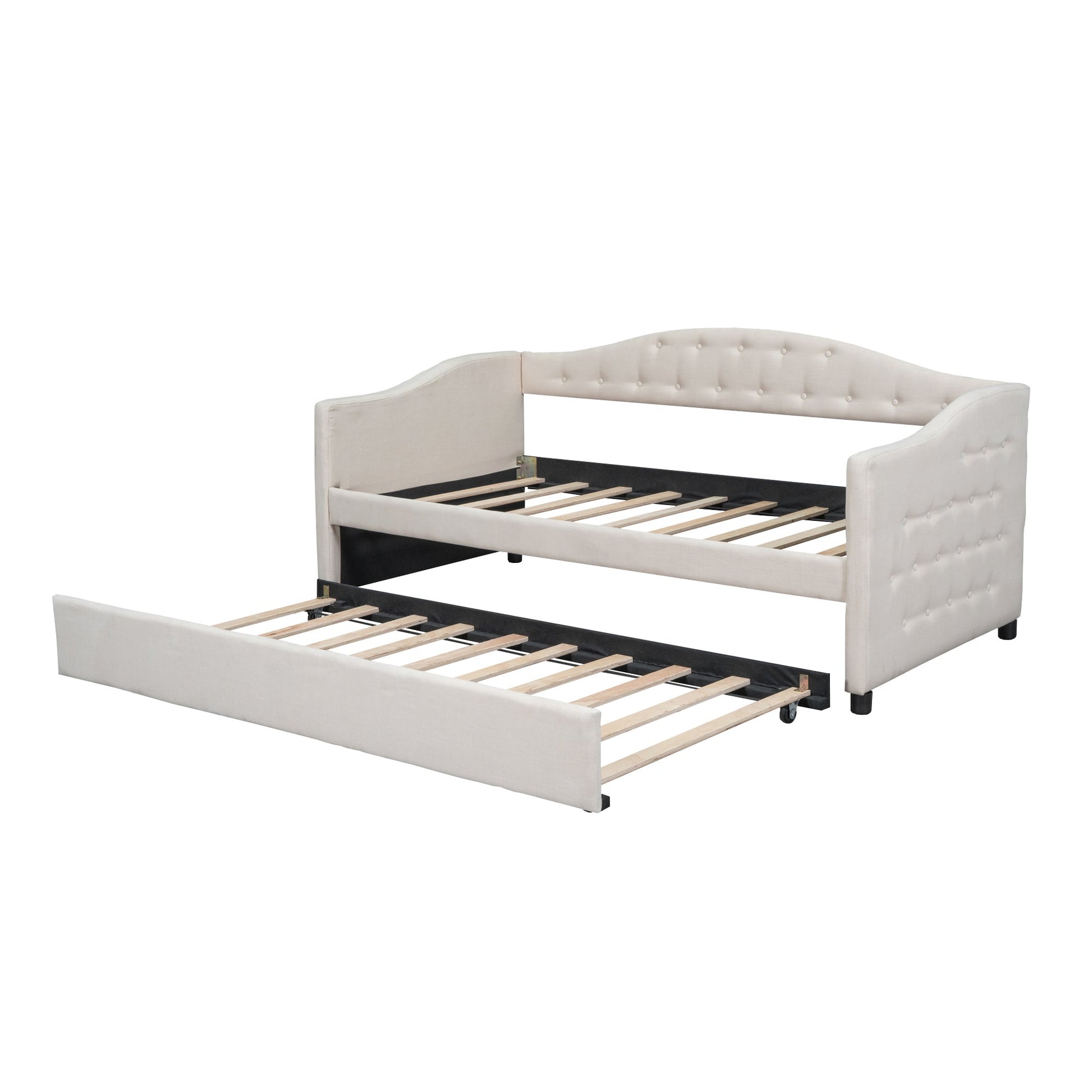 Upholstered Twin Size Daybed with Trundle, Beige - Korvel