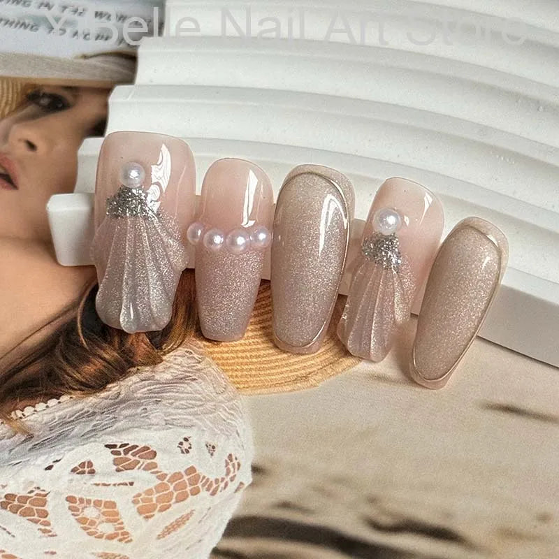 Sea Shells Handmade Press-On Nails - Ballerina Style