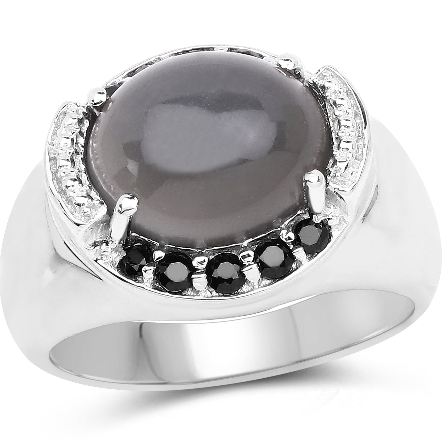 5.68 Carat Genuine Grey Moonstone & Black Spinel Ring
