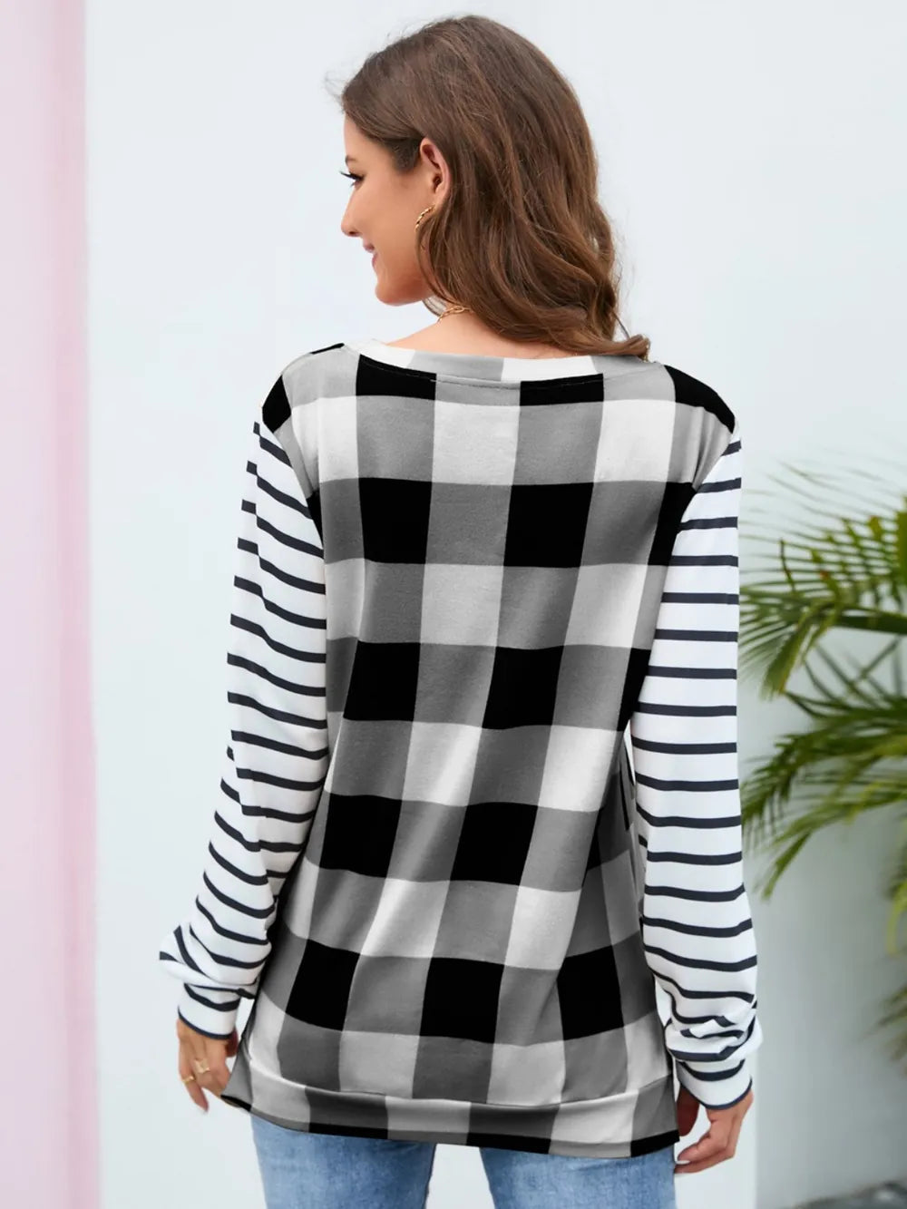 Plaid Striped Round Neck Long Sleeve T-Shirt - Korvel
