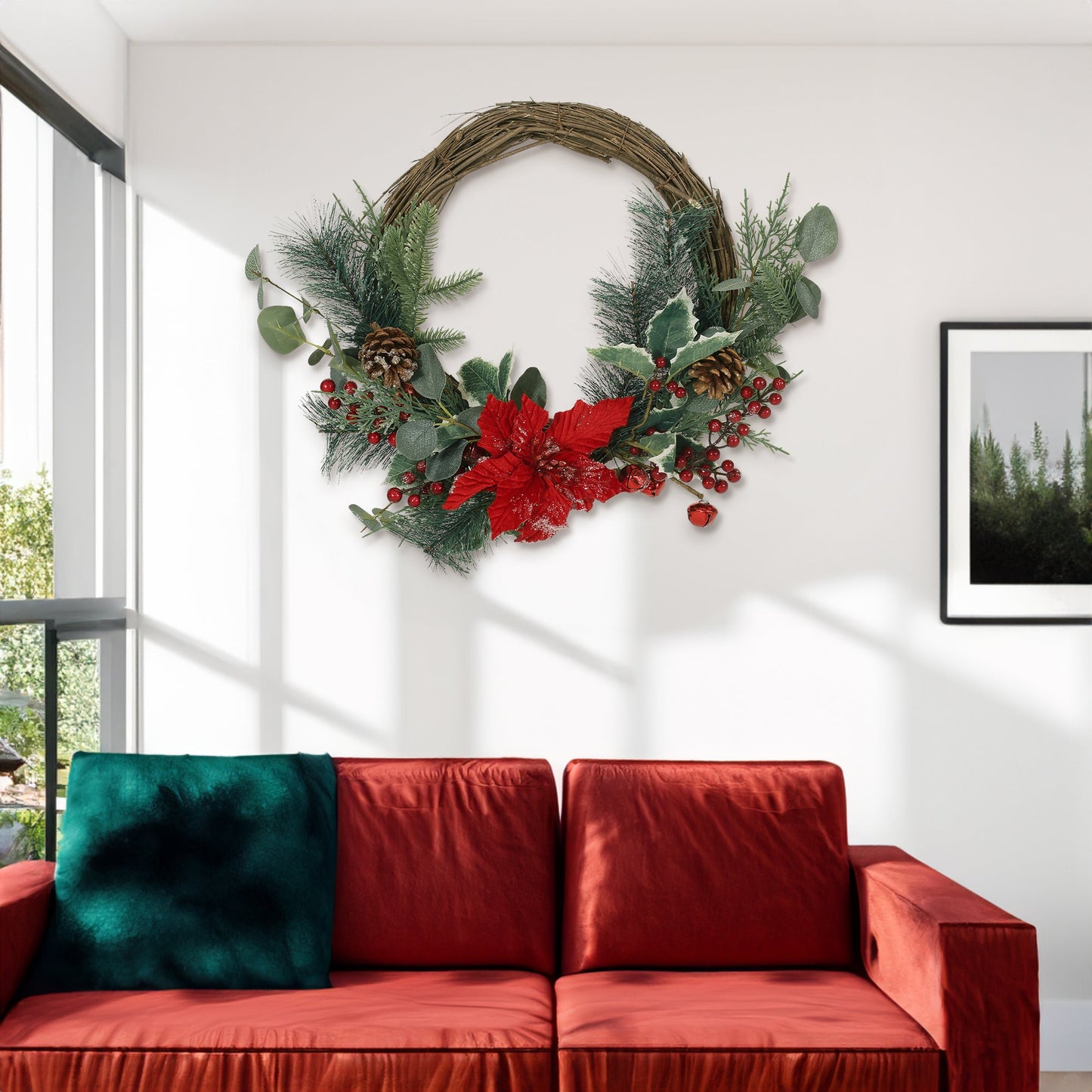 23.5" POINSETTIA/BERRY/EUCALYPTUS HALF WREATH - Korvel