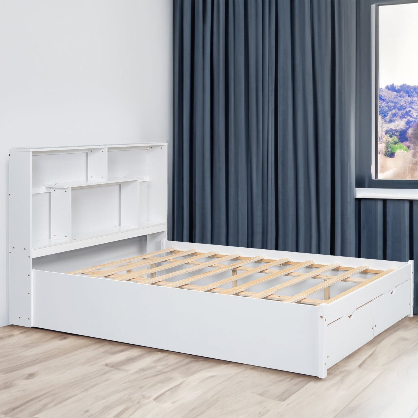 Elegant Queen Size Platform Bed with Storage Headboard, White