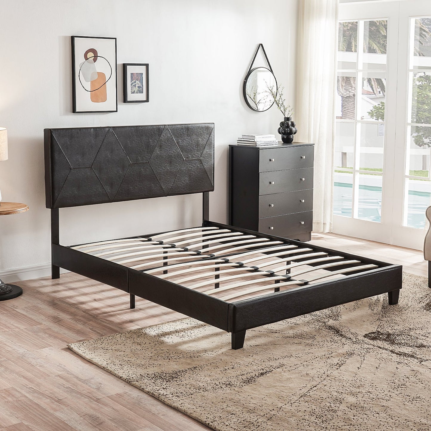 Queen Size Upholstered Platform Bed Frame Wood Slat Support Easy Assembly Black pu - Korvel