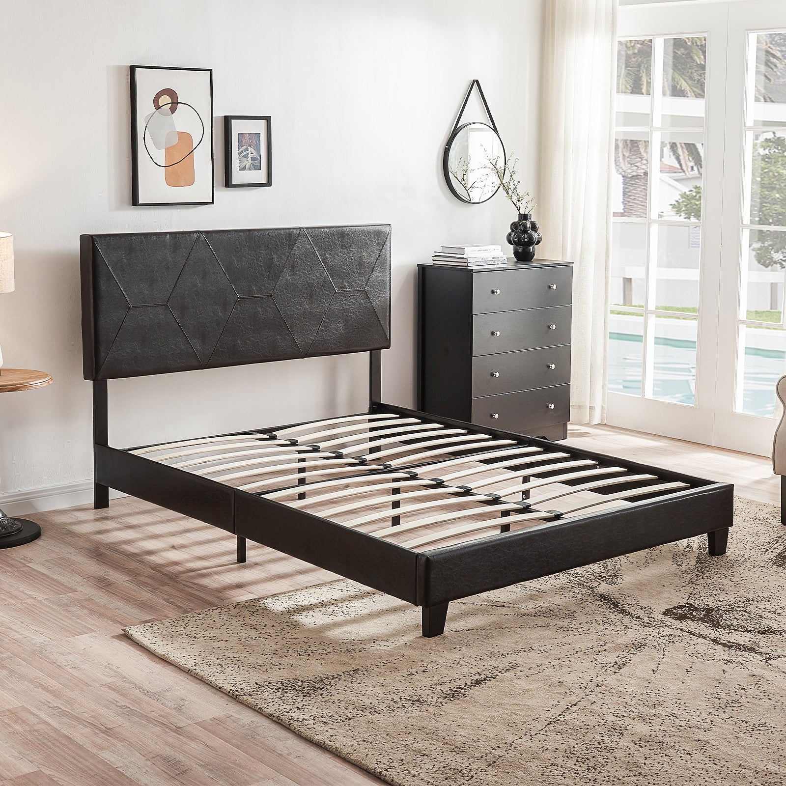 Queen Size Upholstered Platform Bed Frame Wood Slat Support Easy Assembly Black pu - Korvel