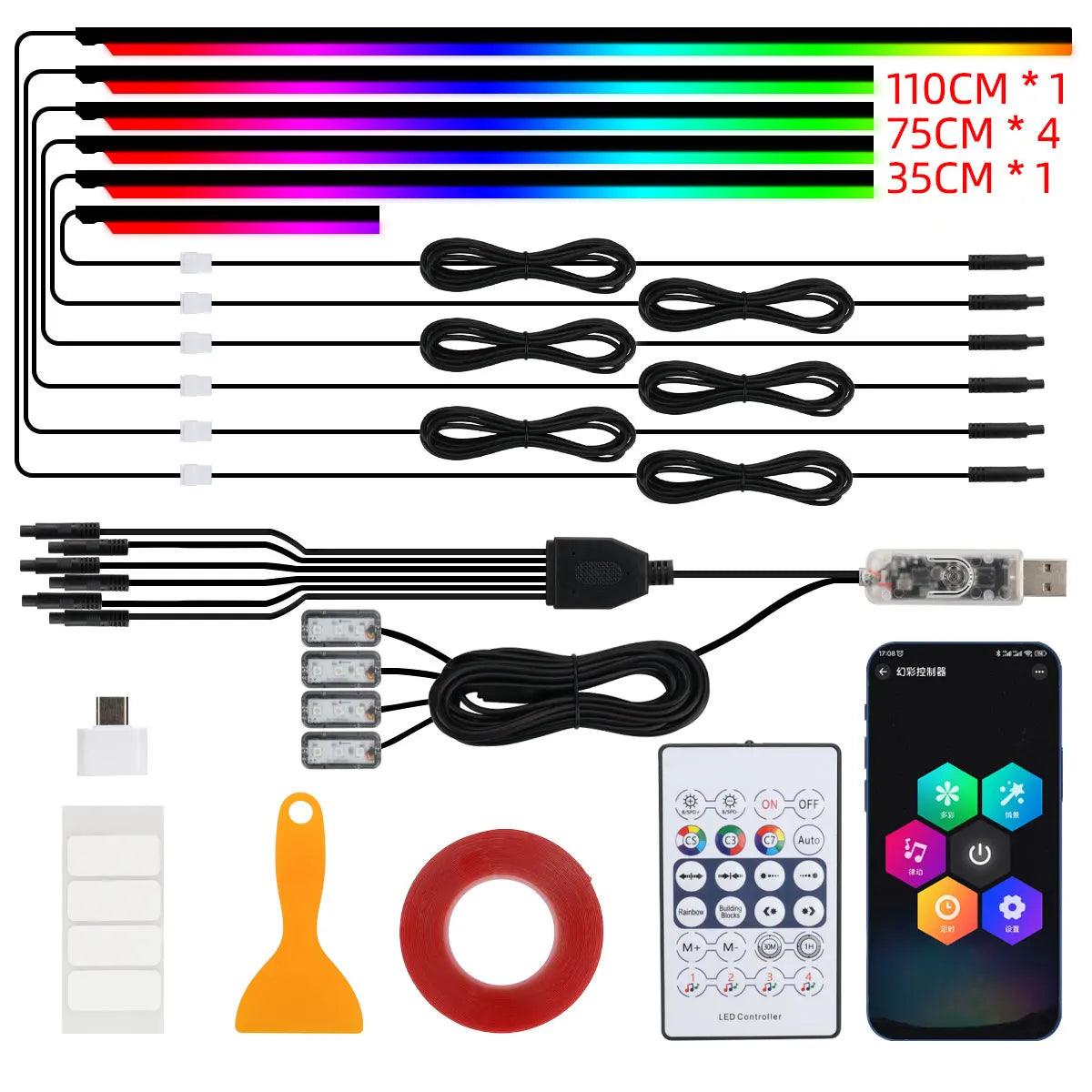 Bande lumineuse intérieure de voiture RGB LED 10-en-1 avec télécommande