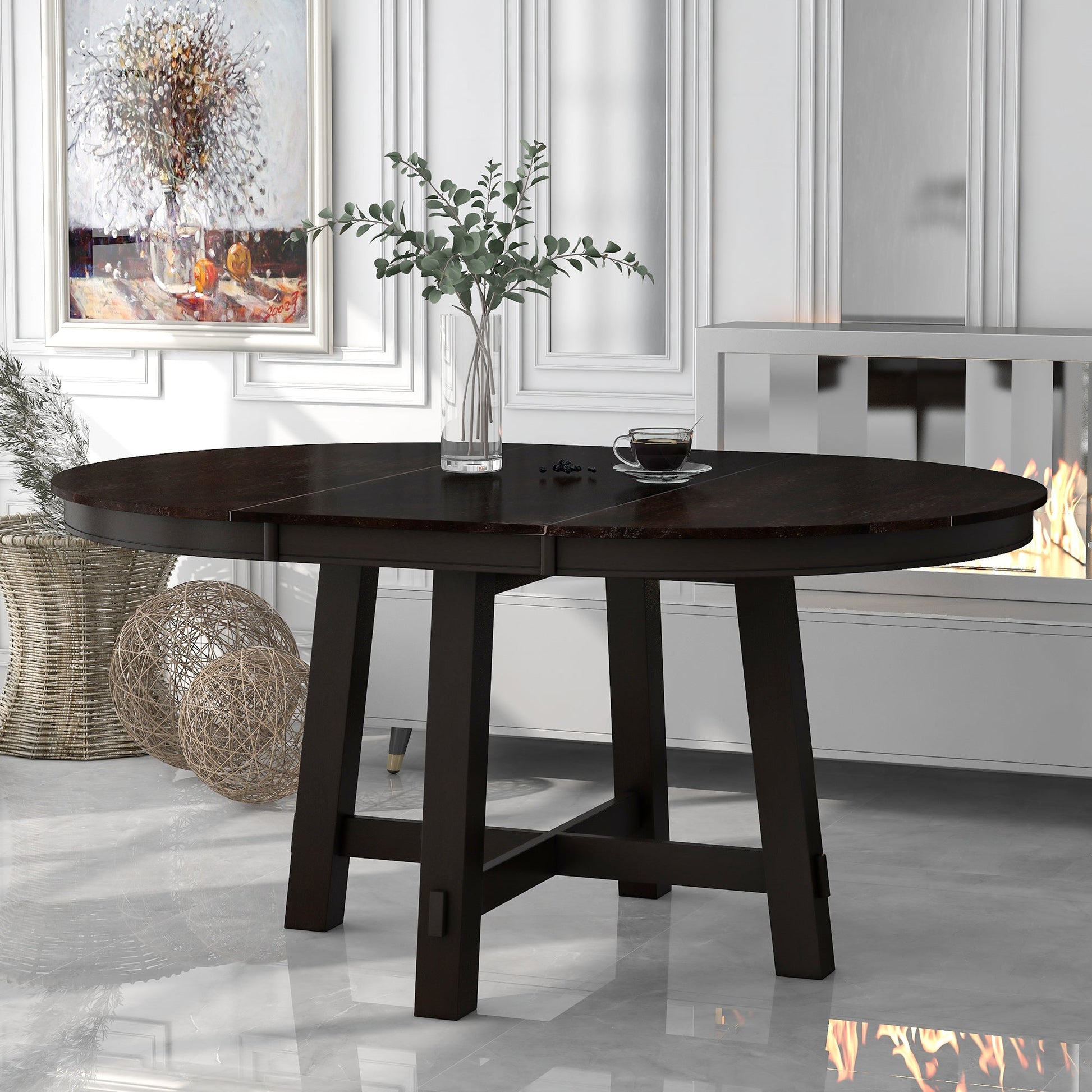TREXM Farmhouse Round Extendable Dining Table with 16" Leaf Wood Kitchen Table (Espresso) - Korvel