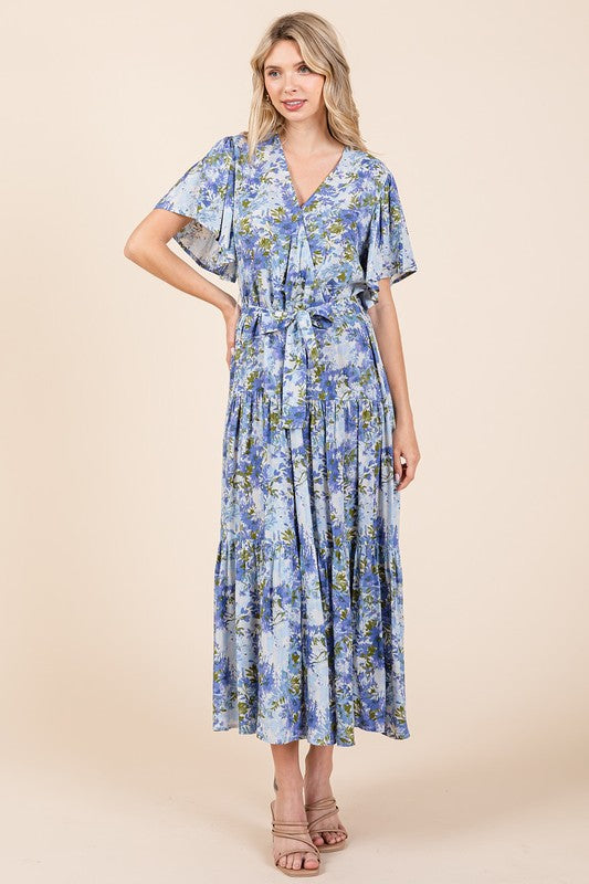 Floral Tie Waist Flutter Sleeve Tiered Dress for Women