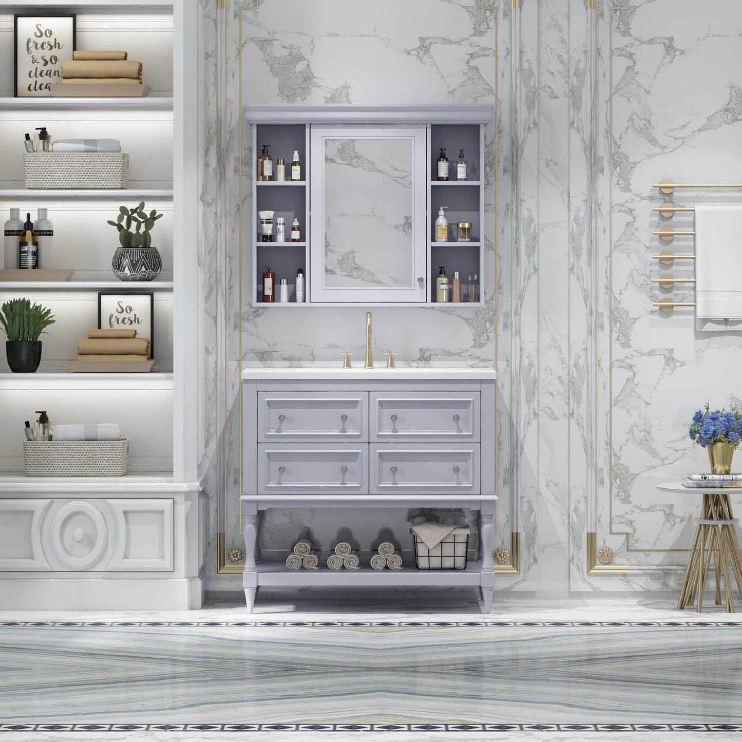 36'' Bathroom Vanity with Medicine Cabinet, Modern Mirror Cabinet with Adjustable Shelf, Bathroom Storage Cabinet with 4 Drawers - Korvel