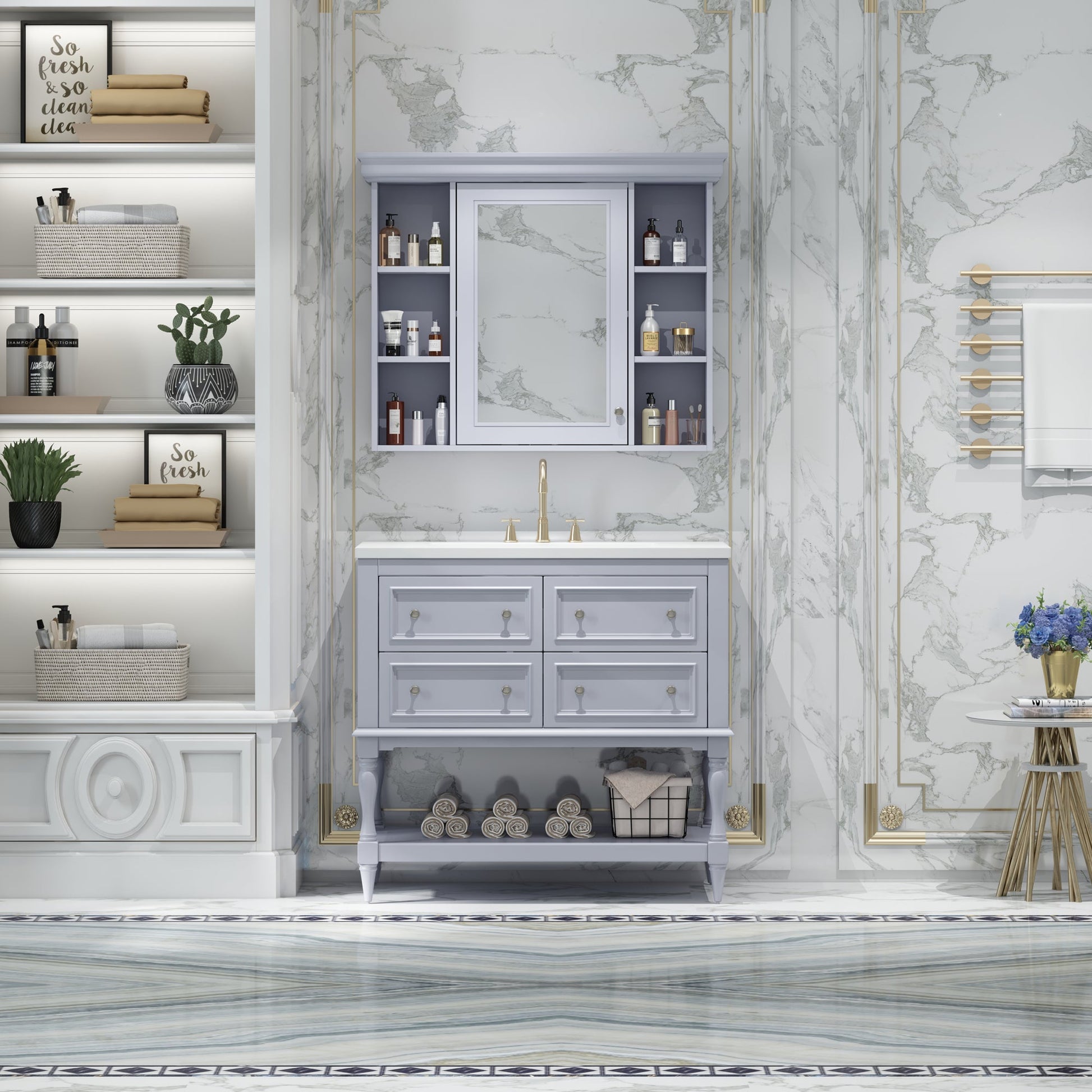36'' Bathroom Vanity with Medicine Cabinet, Modern Mirror Cabinet with Adjustable Shelf, Bathroom Storage Cabinet with 4 Drawers - Korvel