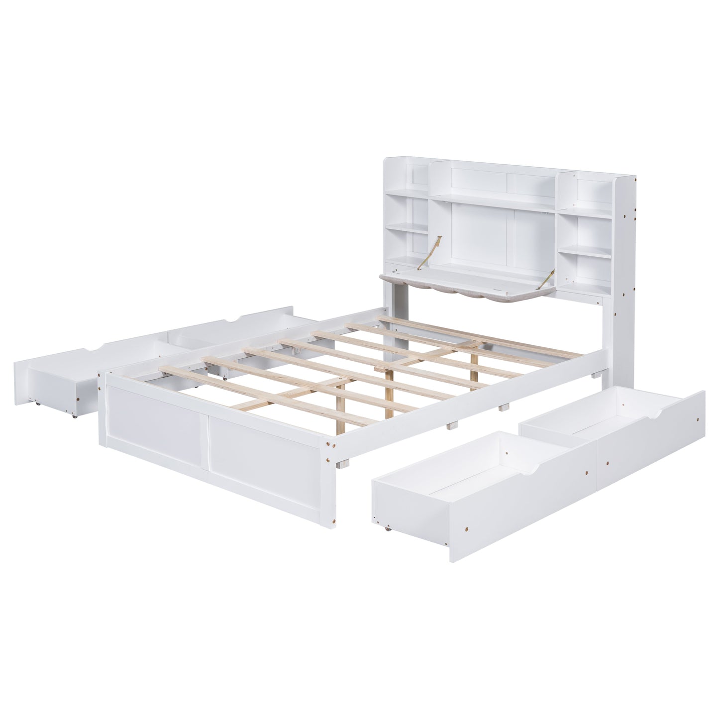Multi-functional Full Size Bed Frame with 4 Under-bed Portable Storage Drawers and Multi-tier Bedside Storage Shelves White - Korvel