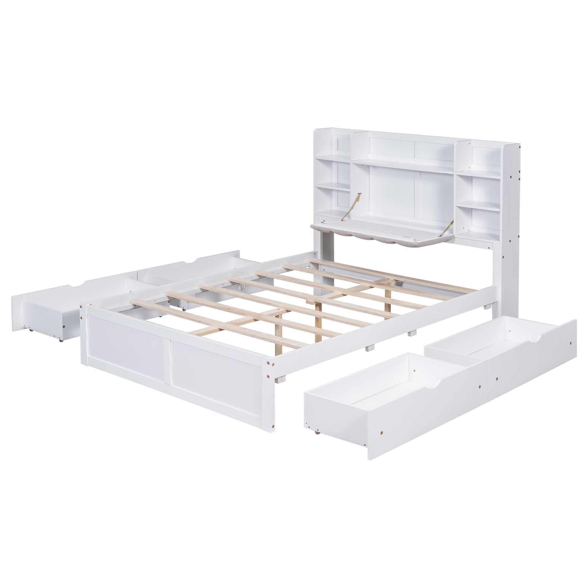 Multi-functional Full Size Bed Frame with 4 Under-bed Portable Storage Drawers and Multi-tier Bedside Storage Shelves White - Korvel