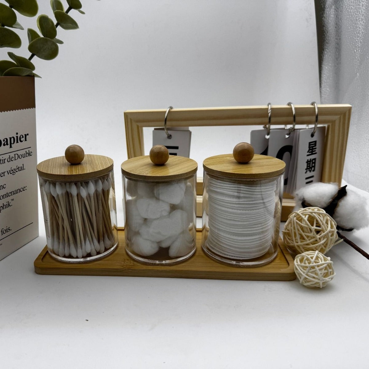 Bamboo cover cotton swab box portable round container cosmetic cotton puff storage box cotton swab makeup remover cotton box - Korvel